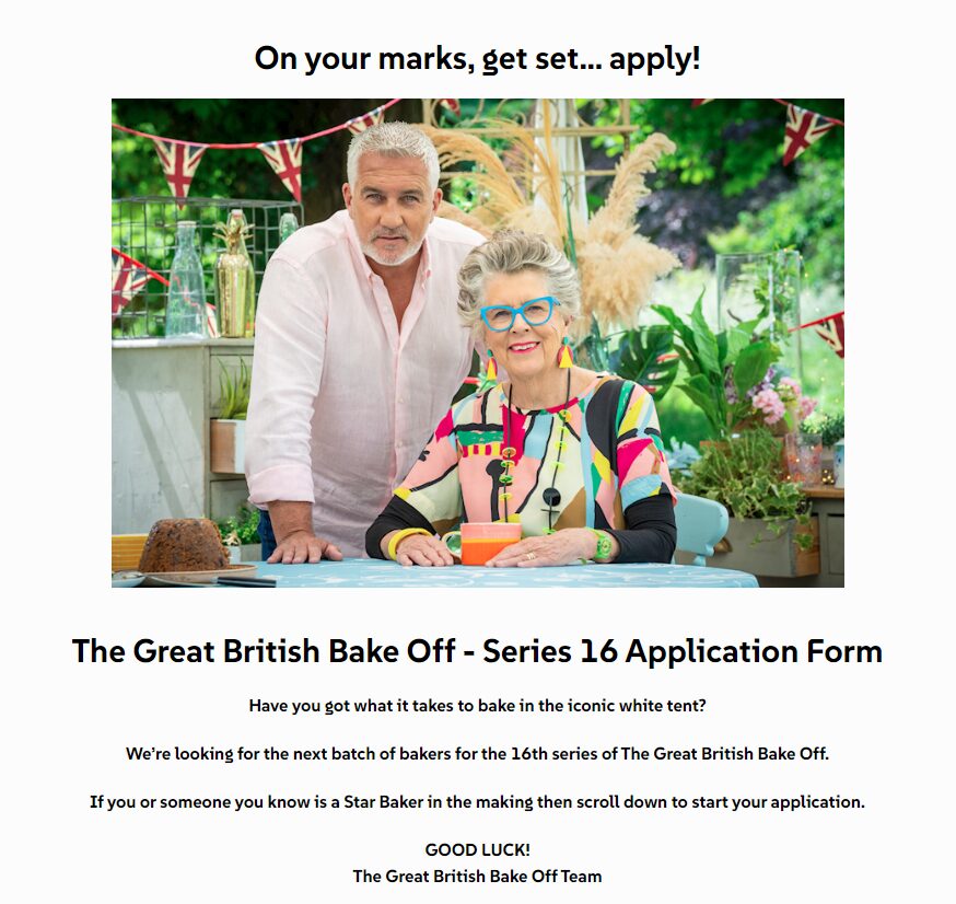 The Great British Bake Off - Series 16 Application Form